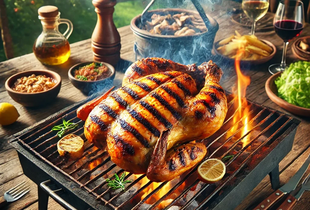 Argentinian barbecue setup. The butterflied chicken is beautifully gold