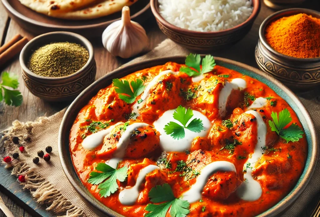 homemade Chicken Tikka Masala, showcasing the rich, creamy tomato sauce, grilled chicken, and complementary sides like naan bread and basmati rice